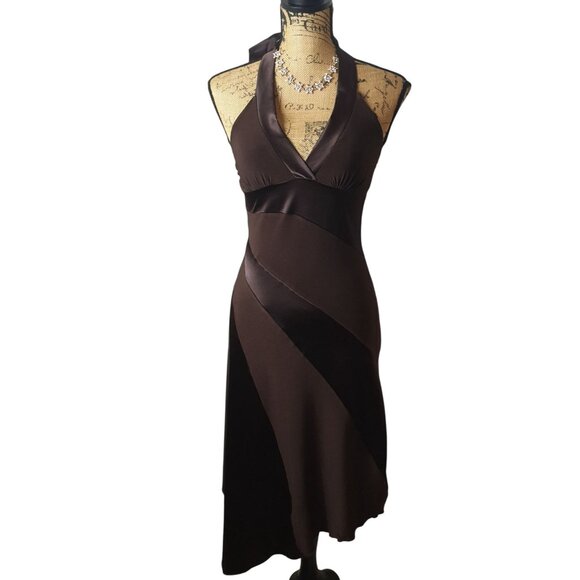 Vtg Taboo Halter Midi Dress S Brown Tuxedo Sty Satin Stretch Chic Club Party - Picture 1 of 6